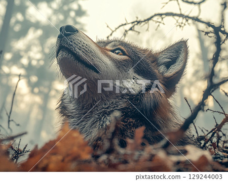 Close up portrait of a Wolf head. The Beauty of Wild Animals. AI Generated. Close up portrait of a Wolf head. The Beauty of Wild Animals. AI Generated. 129244003