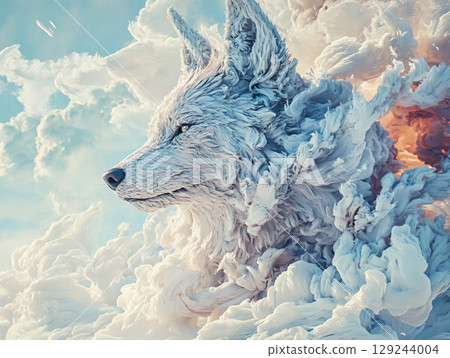 The elegance of the white wolf on the background of a cloud. AI Generated. 129244004