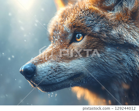 Beautiful Close up Wolf In Snow Portrait. AI Generated. 129244012