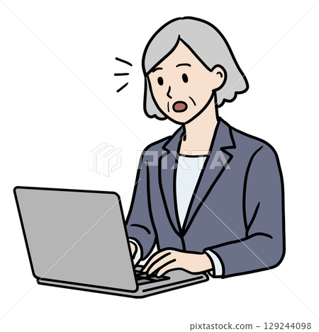 Senior woman with a surprised expression working on a computer 129244098