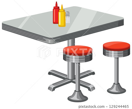 Retro Diner Table with Red Stools Illustration 129244465