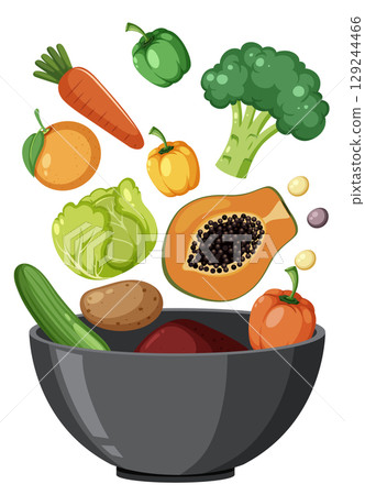 Fresh Vegetables and Fruits Falling Into Mixing Bowl Fresh Vegetables and Fruits Falling Into Mixing Bowl 129244466