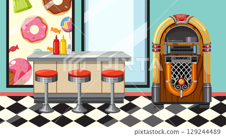Retro Diner Scene with Jukebox and Bar Stools Retro Diner Scene with Jukebox and Bar Stools 129244489