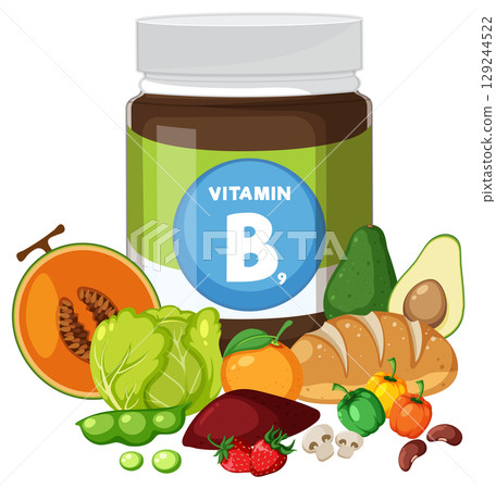Vitamin B9 Supplement Jar with Folate-Rich Foods Vitamin B9 Supplement Jar with Folate-Rich Foods 129244522