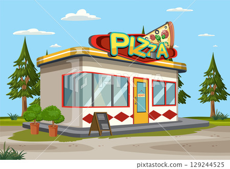 Colorful Pizza Shop in Cartoon Style 129244525