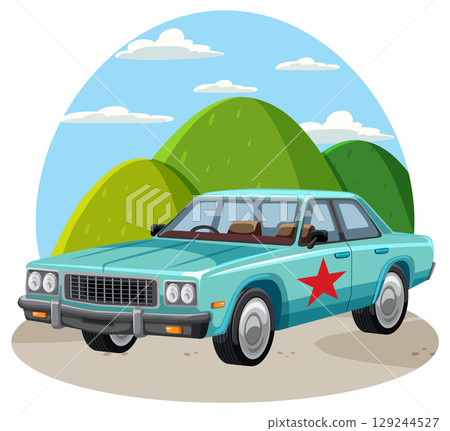 Vintage Blue Sedan with Red Star in Mountain Landscape 129244527