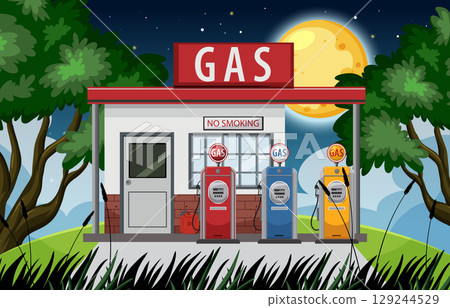 Retro Gas Station with Three Pumps at Night Retro Gas Station with Three Pumps at Night 129244529