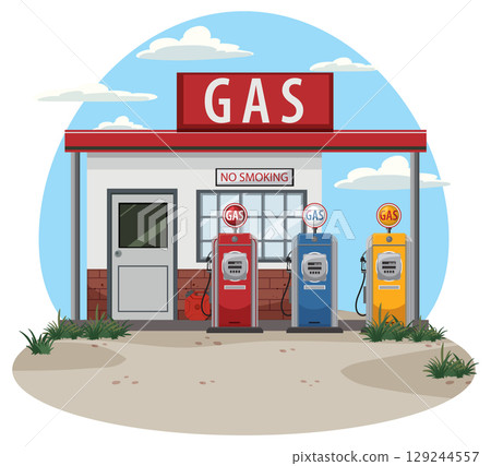 Retro Gas Station with Three Vintage Fuel Pumps Retro Gas Station with Three Vintage Fuel Pumps 129244557