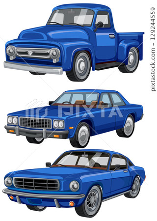 Classic Blue Cars Vector Illustration Set Classic Blue Cars Vector Illustration Set 129244559