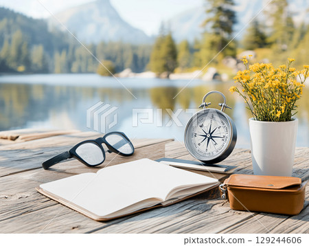 Traveler's accessories flat lay on wooden background, travel accessories like maps, compass, and tickets, Travel concept background. AI Generated. Traveler's accessories flat lay on wooden background, travel accessories like maps, compass, and tickets, Travel concept background. AI Generated. 129244606