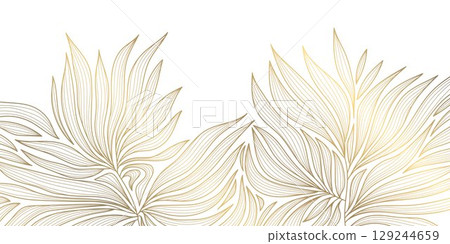 Vector line golden leaves background, floral abstract nature pattern. Elegant summer, palm foliage plant design, graphic tropical beauty ornament. 129244659