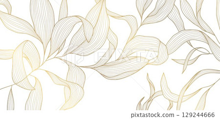 Vector line golden leaves background, floral abstract nature pattern. Elegant summer, palm foliage plant design, graphic tropical beauty ornament. 129244666