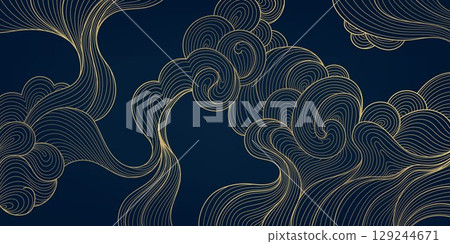 Vector japanese, chinese clouds background. Line golden asian sky pattern, curl drawn wind ornament, wave elegant poster. 129244671