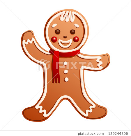 Gingerbread man cookie vector in cartoon style with red scarf and happy face. Brown and red tones for festive design. Ideal for book illustration greeting card or bakery decor and holiday themes. Gingerbread man cookie vector in cartoon style with red scarf and happy face. Brown and red tones for festive design. Ideal for book illustration greeting card or bakery decor and holiday themes. 129244806