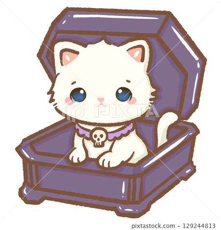 Cute white kitten sitting inside purple coffin with skull collar kawaii Halloween cat illustration adorable spooky gothic autumn magical fantasy seasonal character charming vampire style digital art Cute white kitten sitting inside purple coffin with skull collar kawaii Halloween cat illustration adorable spooky gothic autumn magical fantasy seasonal character charming vampire style digital art 129244813