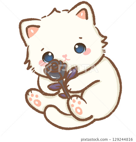 Cute white kitten holding black rose with purple leaves kawaii Halloween cat illustration adorable gothic romantic spooky autumn floral character charming fantasy style seasonal digital art Cute white kitten holding black rose with purple leaves kawaii Halloween cat illustration adorable gothic romantic spooky autumn floral character charming fantasy style seasonal digital art 129244816