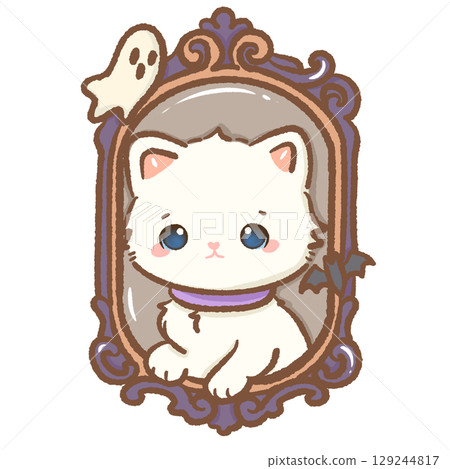 Cute white kitten inside ornate gothic mirror with ghost and bat kawaii Halloween cat illustration spooky vintage frame magical autumn fantasy adorable seasonal haunted house character digital art 129244817