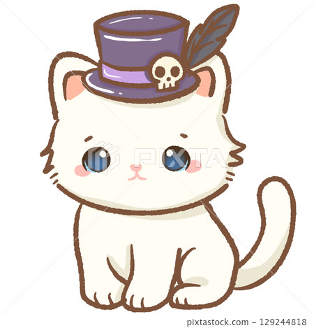 Cute white kitten wearing purple top hat with skull and feather spooky Halloween costume kawaii cat illustration adorable gothic style vintage outfit autumn character magical fantasy digital art 129244818