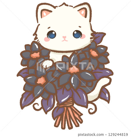 Cute white kitten holding bouquet of black and purple flowers kawaii Halloween cat illustration adorable gothic spooky floral arrangement autumn character romantic fantasy seasonal digital art Cute white kitten holding bouquet of black and purple flowers kawaii Halloween cat illustration adorable gothic spooky floral arrangement autumn character romantic fantasy seasonal digital art 129244819
