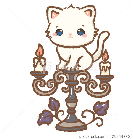 Cute white kitten sitting on ornate candelabra with candles and purple leaves kawaii Halloween cat illustration gothic spooky decor autumn magical fantasy adorable seasonal character digital art 129244820