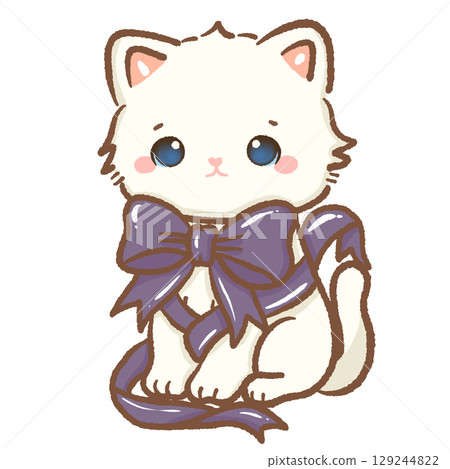 Cute white kitten with big purple bow ribbon kawaii Halloween cat illustration adorable gothic accessory spooky autumn magical fantasy seasonal character vintage style charming digital art Cute white kitten with big purple bow ribbon kawaii Halloween cat illustration adorable gothic accessory spooky autumn magical fantasy seasonal character vintage style charming digital art 129244822