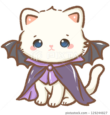 Cute white kitten wearing bat wing cape kawaii Halloween cat illustration adorable spooky costume gothic autumn magical fantasy seasonal character charming vampire style festive digital art 129244827