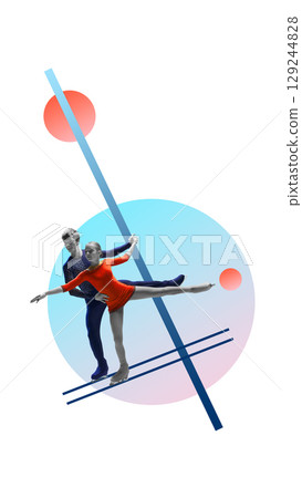 Collage of figure skating pair performing elegant lift on abstract blue and red background 129244828