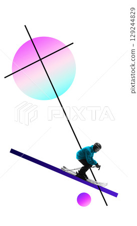 Abstract collage of skier in teal jacket descending abstract slope with vivid circular background 129244829