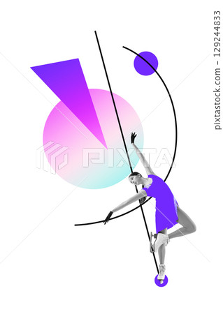 Collage of female figure skater in purple costume dancing on geometric pastel background Collage of female figure skater in purple costume dancing on geometric pastel background 129244833