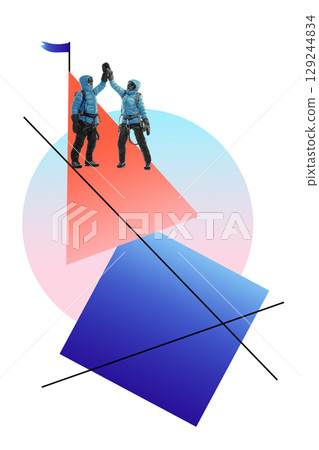 Bold poster of two climbers in winter gear high-fiving on summit with abstract geometric mountain 129244834