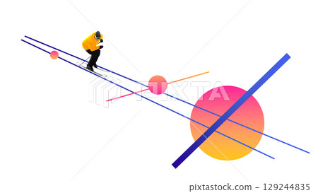 Collage of skier in yellow jacket racing downhill with colorful gradient sun and geometric tracks Collage of skier in yellow jacket racing downhill with colorful gradient sun and geometric tracks 129244835