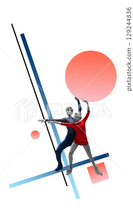 Collage of ice dancing pair performing expressive pose with red sun and blue lines Collage of ice dancing pair performing expressive pose with red sun and blue lines 129244836