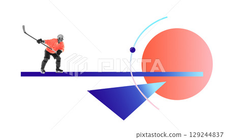 Collage of male hockey player in orange jersey preparing shot on white background with abstract shapes Collage of male hockey player in orange jersey preparing shot on white background with abstract shapes 129244837