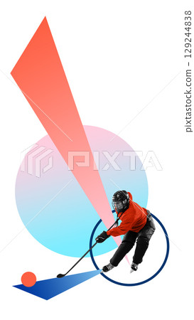 Creative collage of female ice hockey player in red jersey with stick and dynamic abstract shapes Creative collage of female ice hockey player in red jersey with stick and dynamic abstract shapes 129244838
