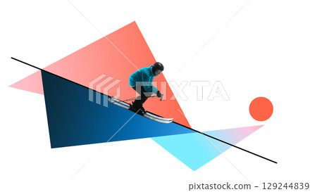 Bold poster of skier in blue jacket descending slope with geometric shapes on white background 129244839