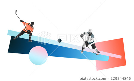 Creative collage of two male hockey players in action on geometric background with opposing colors Creative collage of two male hockey players in action on geometric background with opposing colors 129244846