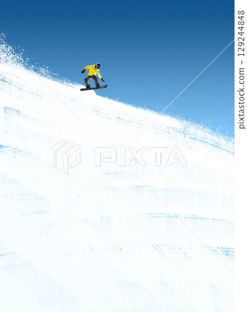 Collage template of snowboarder in yellow jacket jumping off bright snowy slope under blue sky Collage template of snowboarder in yellow jacket jumping off bright snowy slope under blue sky 129244848