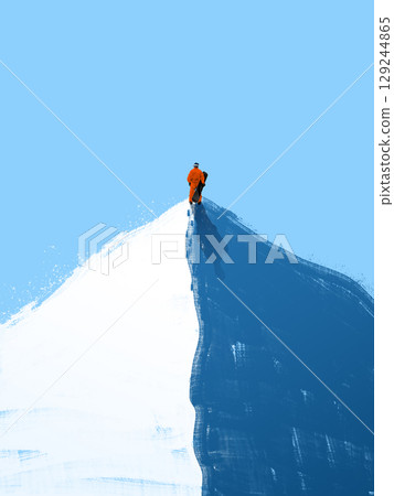Creative collage of snowboarder standing at snowy mountain summit with blue shadow and clear sky 129244865