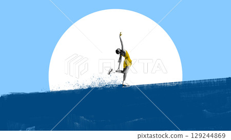 Surreal collage art of female figure skater in yellow dress striking expressive pose 129244869