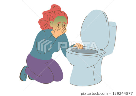 Woman suffering from nausea in toilet 129244877
