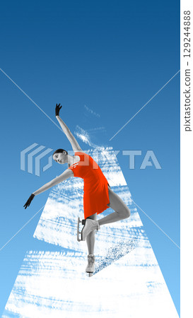 Digital artwork of female figure skater in red dress performing spin over stylized ice triangle 129244888
