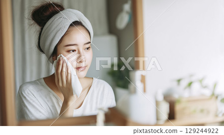 一名年輕女子正在做皮膚護理 129244922
