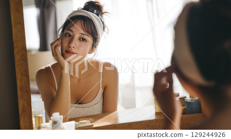 一名年輕女子正在做皮膚護理 129244926