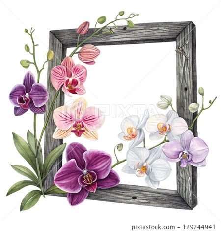 Black Wooden Frame National Flowers Around Watercolor 129244941