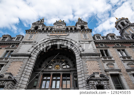 Frontal facade of Antwerpen-Centraal railway station the main railway station in Antwerp, Belgium 129245035