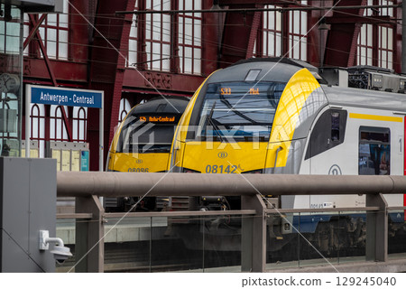 Locomotives at Antwerpen-Centraal railway station the main railway station in Antwerp, Belgium 129245040