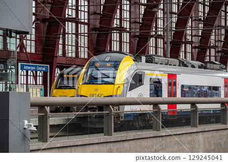 Locomotives at Antwerpen-Centraal railway station the main railway station in Antwerp, Belgium 129245041