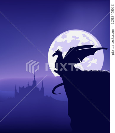 medieval fairy tale dragon and castle at night with full moon vector silhouette scene 129245068