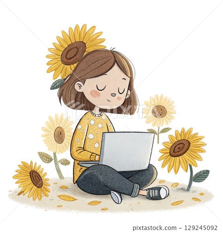 Cute Girl Holding Laptop Sunflowers  129245092