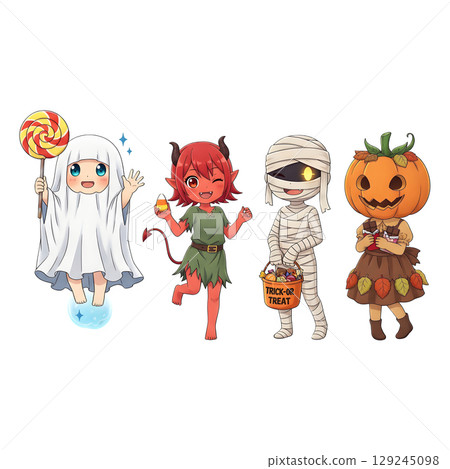 A cute child in a anime-style cartoon Halloween costume, happy for Halloween. Transparent background. A cute child in a anime-style cartoon Halloween costume, happy for Halloween. Transparent background. 129245098